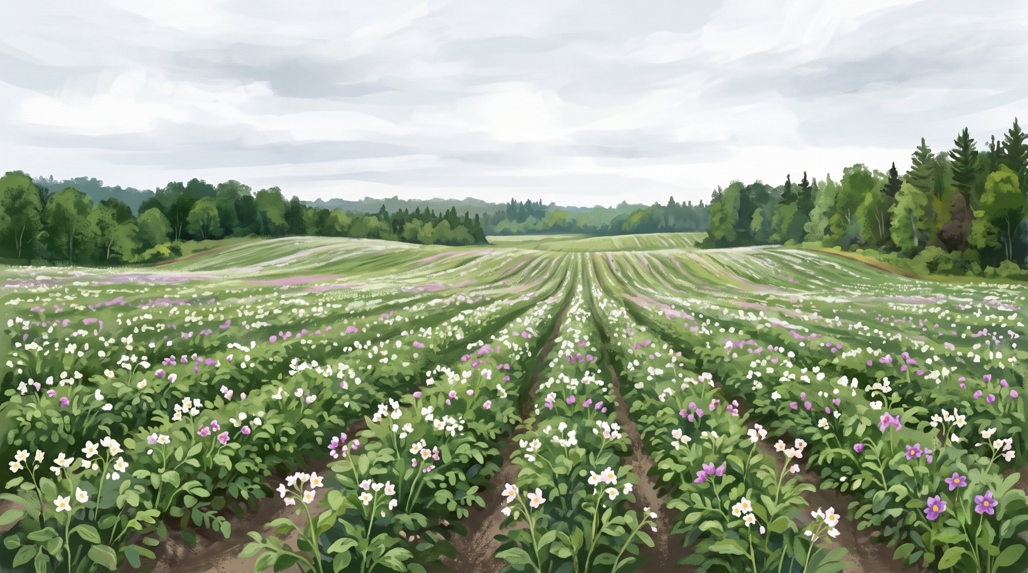 Illustration of a wide field of blooming potato plants stretching to a distant treeline in summer