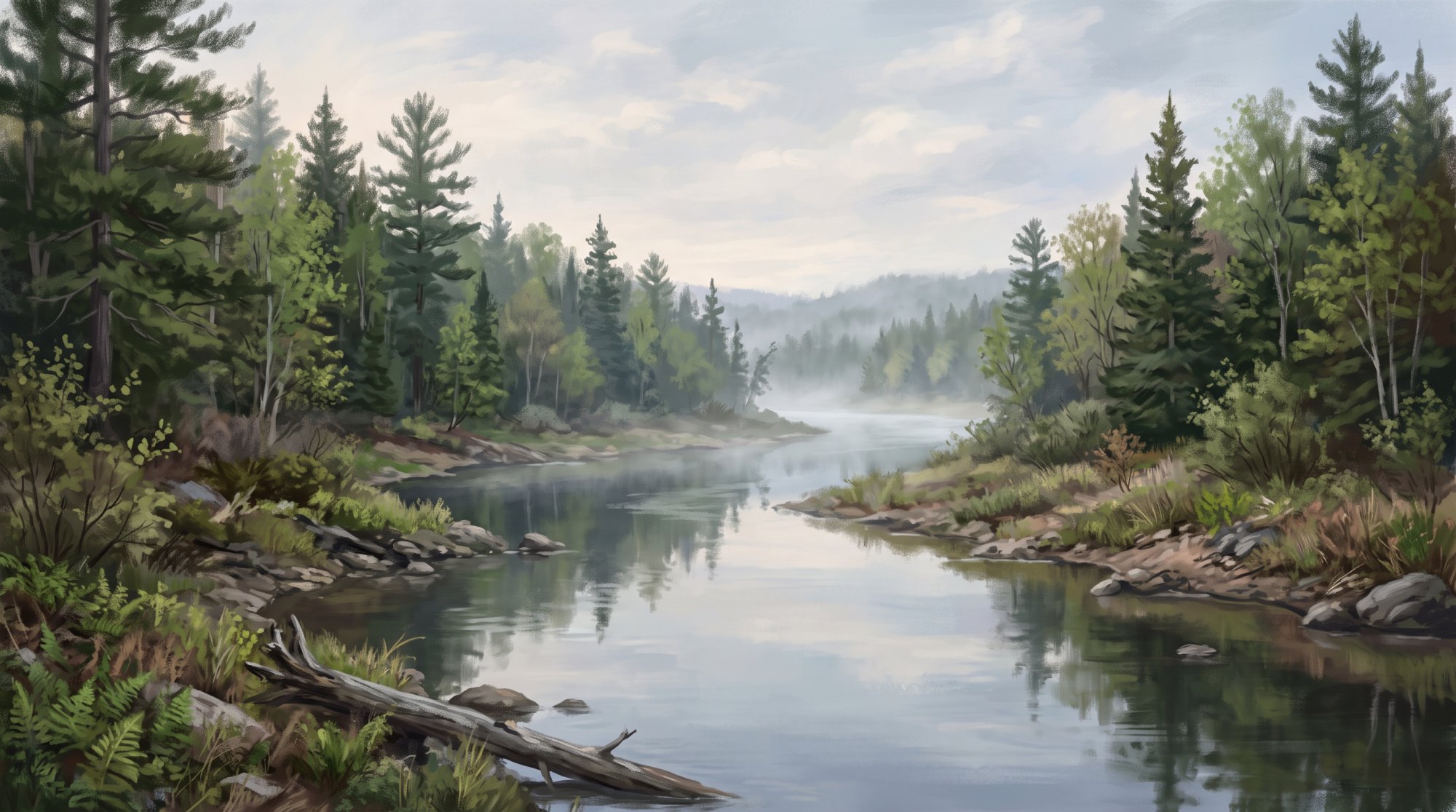 Illustration of a still river with mist rising from the water between forested banks in spring