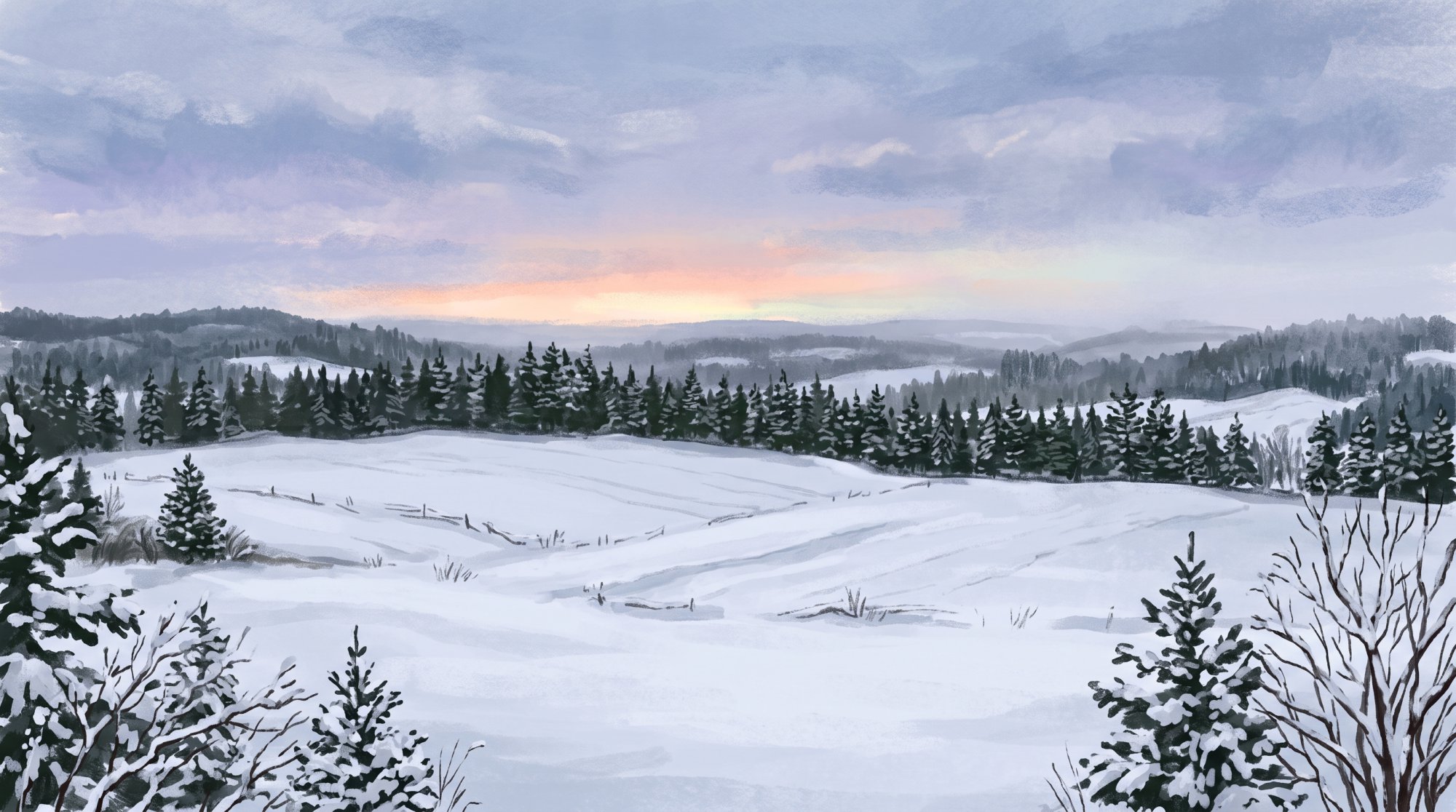 Illustration of a snow-covered farm field at dusk with a long line of evergreens and a faint glow on the horizon in winter