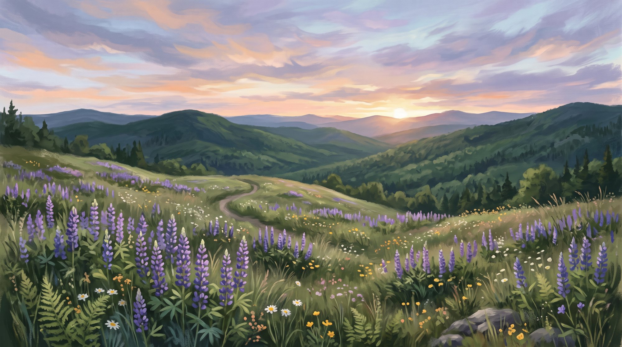 Illustration of a meadow of purple lupines and wildflowers with a farmhouse-free horizon of green hills in spring