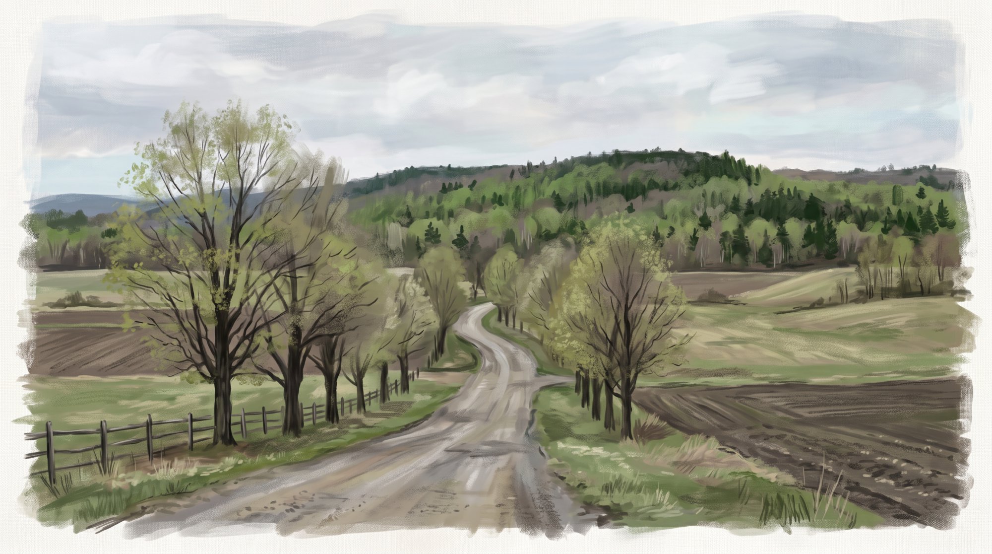 Illustration of a quiet country road lined with maple trees between open farm fields and a wooded ridge in spring