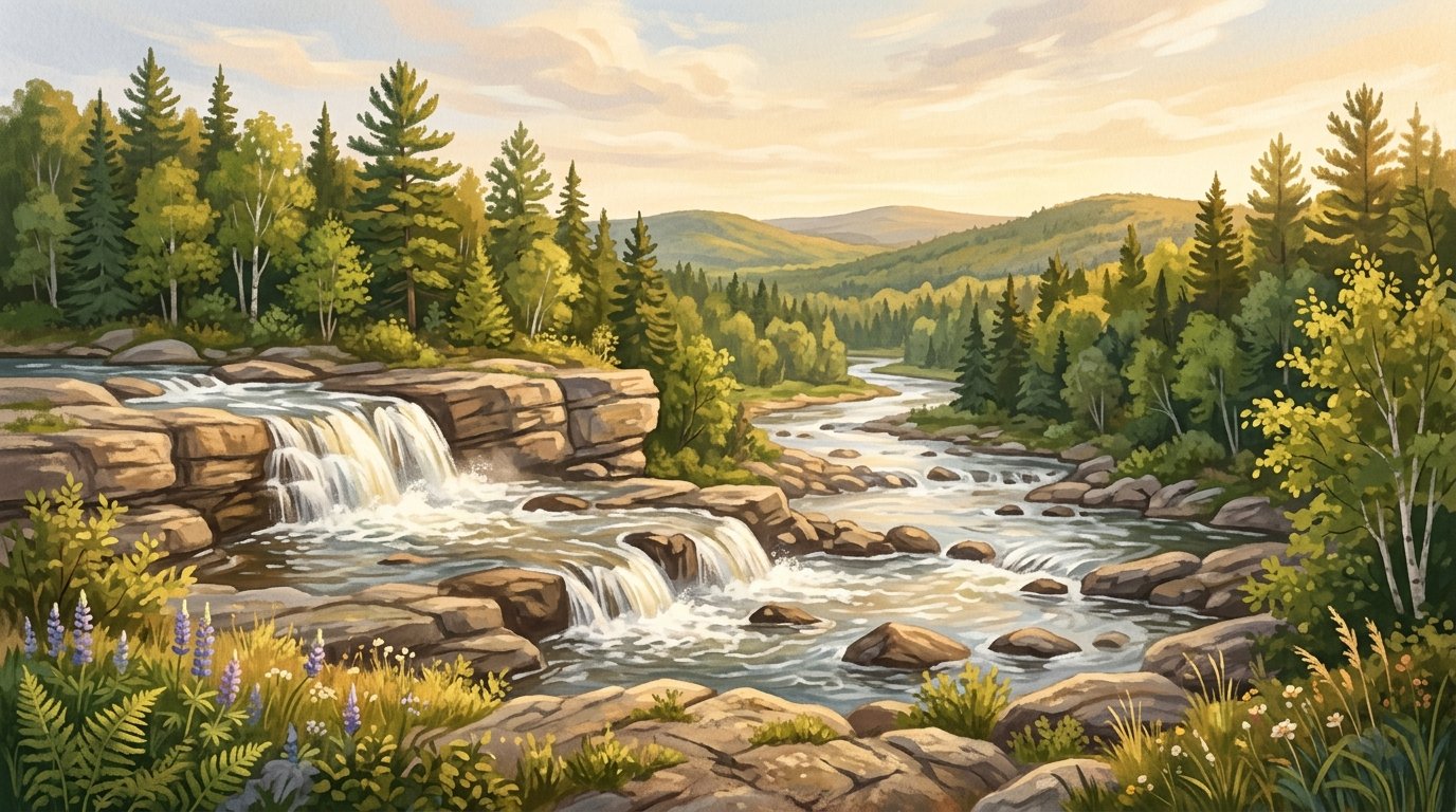 Illustration of a river tumbling over broad stone ledges in a gentle waterfall surrounded by evergreens in summer