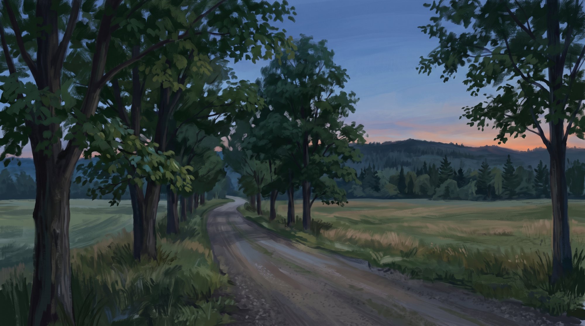 Illustration of a quiet country road lined with maple trees between open farm fields and a wooded ridge in summer