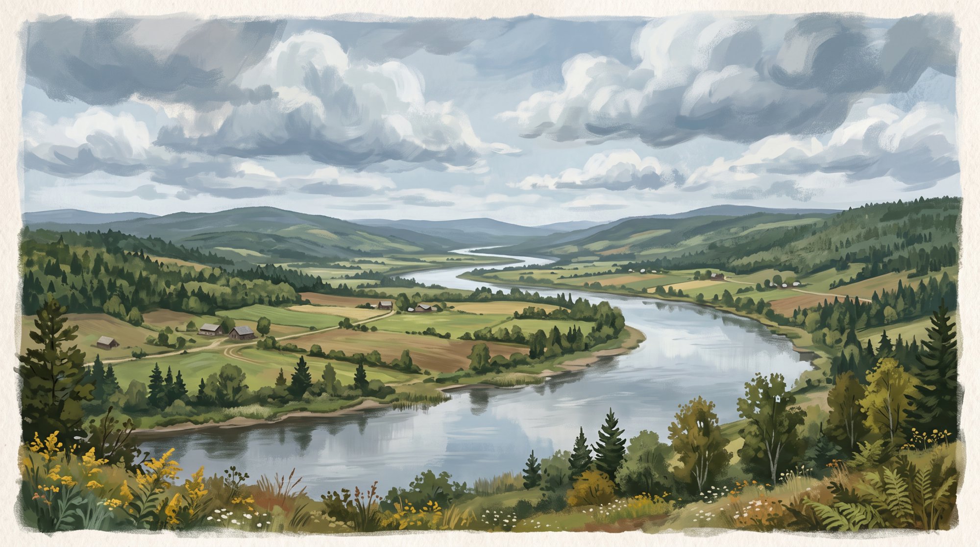Illustration of a broad, quiet river winding through a valley of farmland and low rolling hills in summer