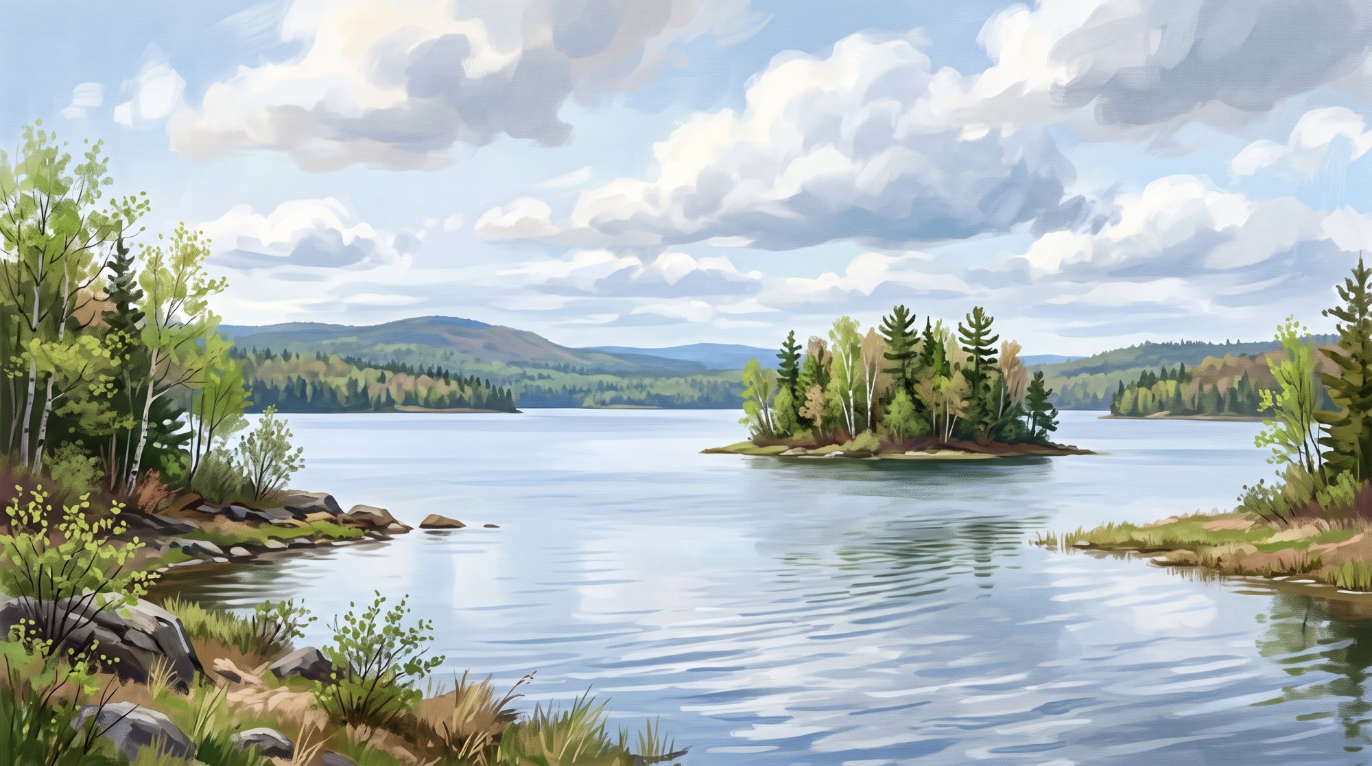 Illustration of a wide lake with a small wooded island and distant hills under a soft sky in spring