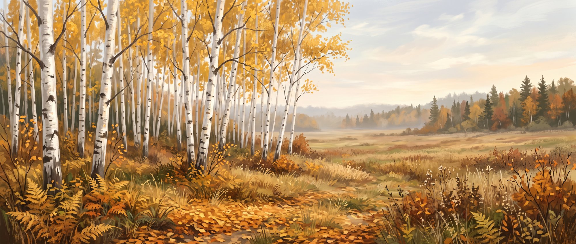 Illustration of a grove of white birch trees with golden leaves beside an open field in fall