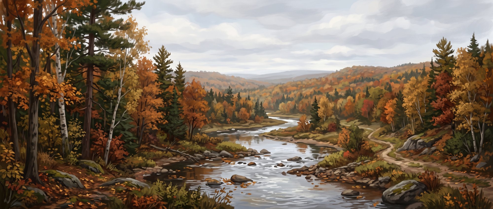 Illustration of I would like images that depict the woods and streams in and around Moro Plantation, Maine and the Island Falls area.