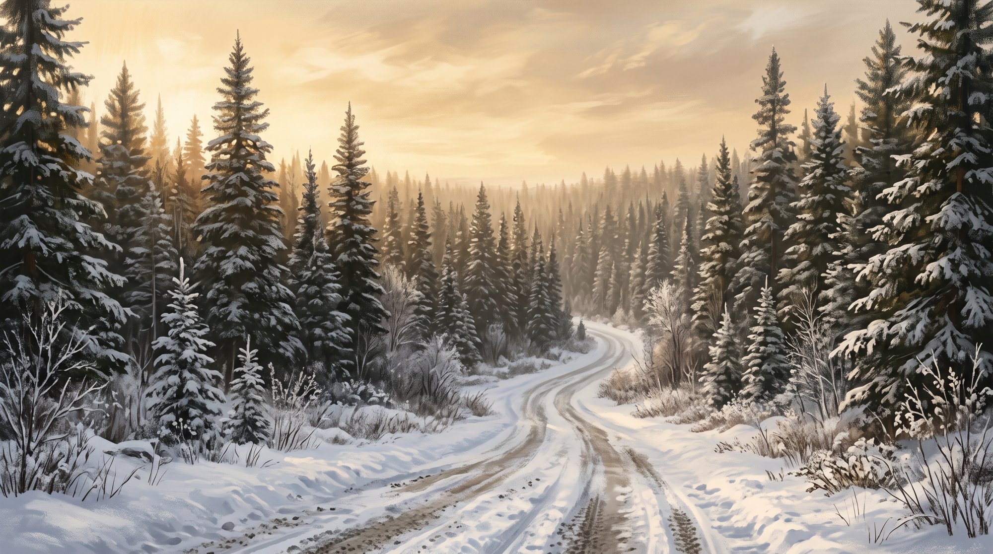 Illustration of a gravel woods road disappearing into a tall evergreen forest in winter