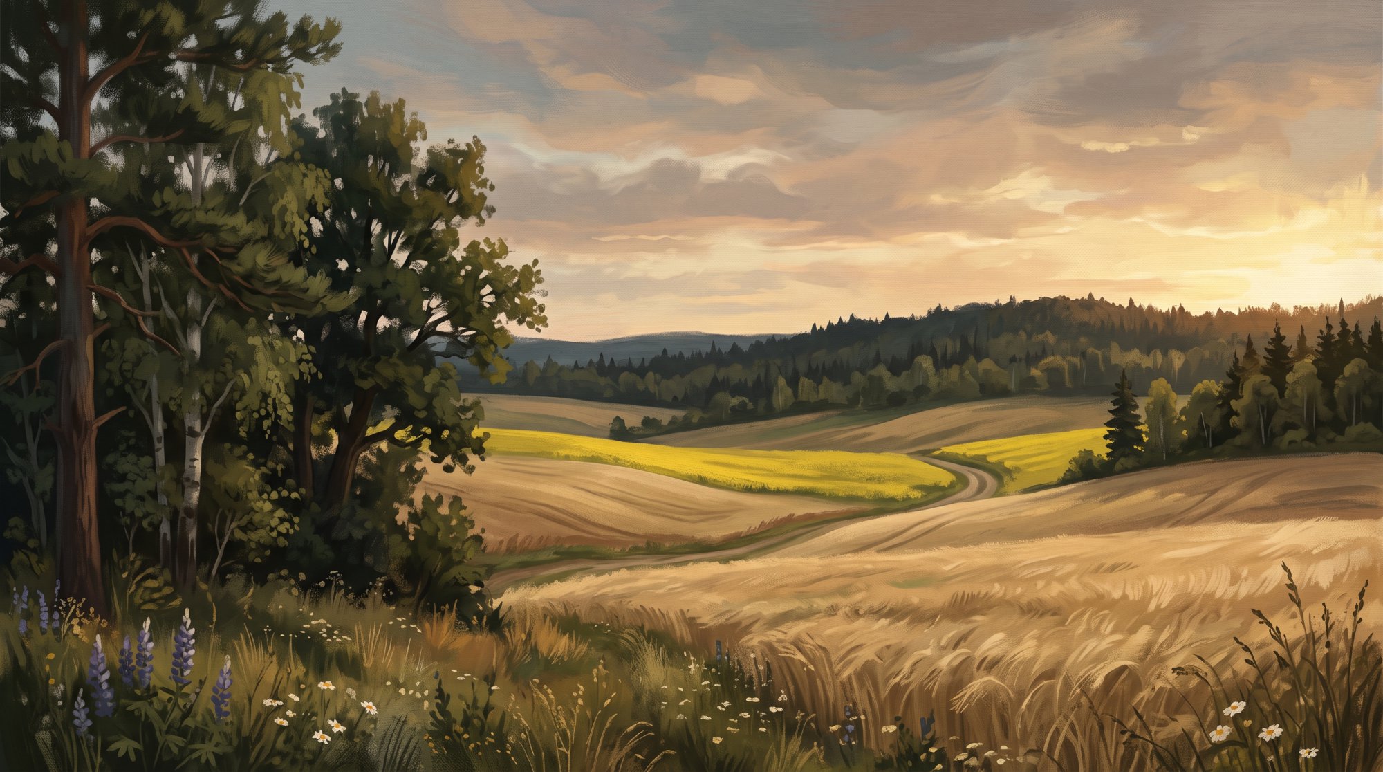 Illustration of rolling fields of golden grain and canola under a wide sky with a distant wooded ridge in summer
