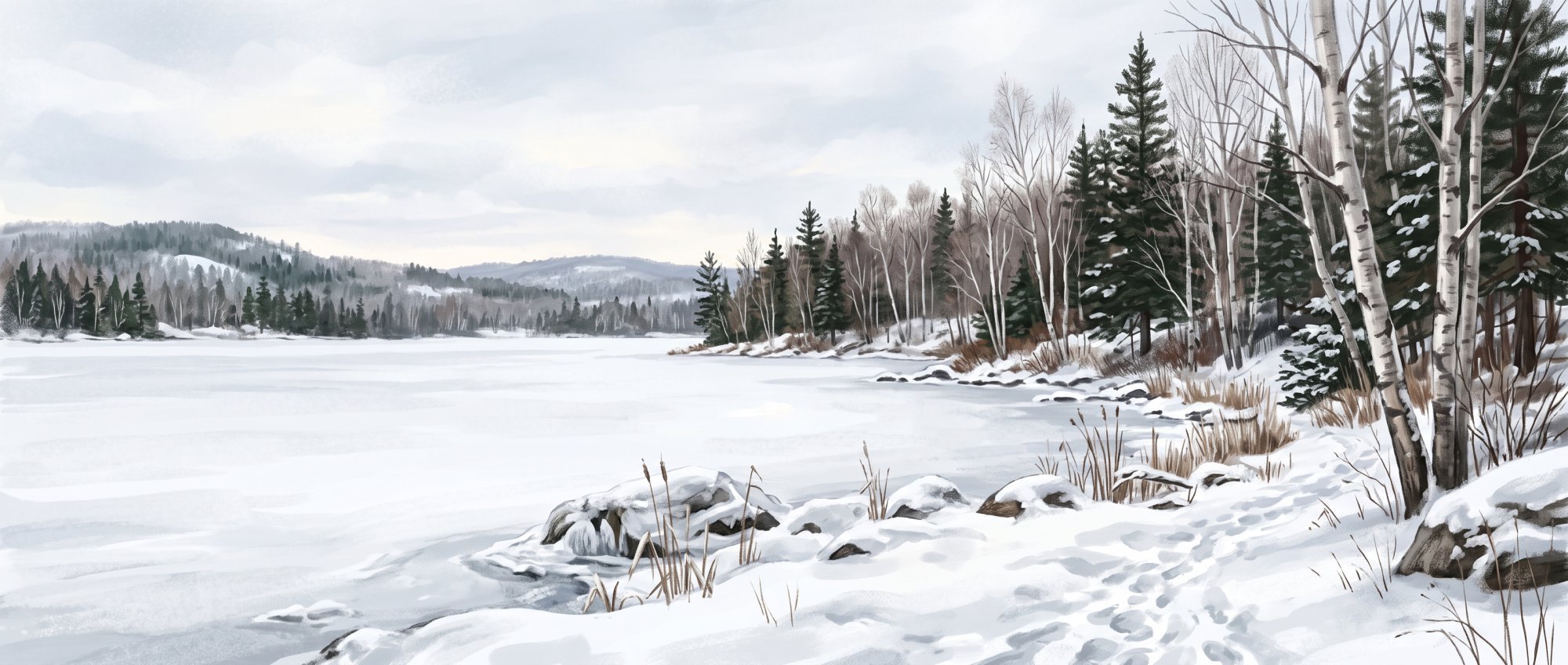 Illustration of a snow-covered lake shore with bare birches and dark spruce under a pale winter sky in winter