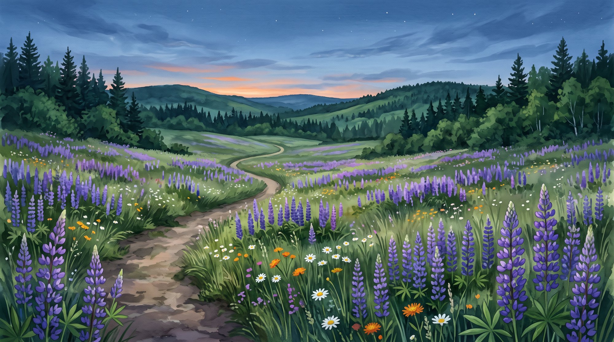 Illustration of a meadow of purple lupines and wildflowers with a farmhouse-free horizon of green hills in summer