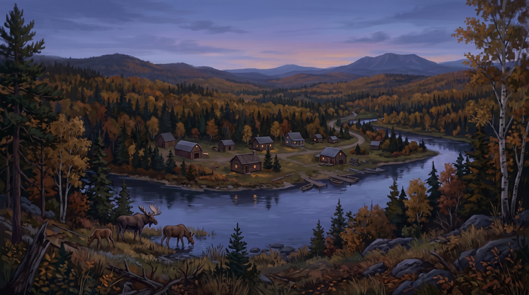 Illustration of I would like images that depict the area of the North Woods of Maine. I would like these images to depict very rural communities klike The Allagash and some with wildlife.