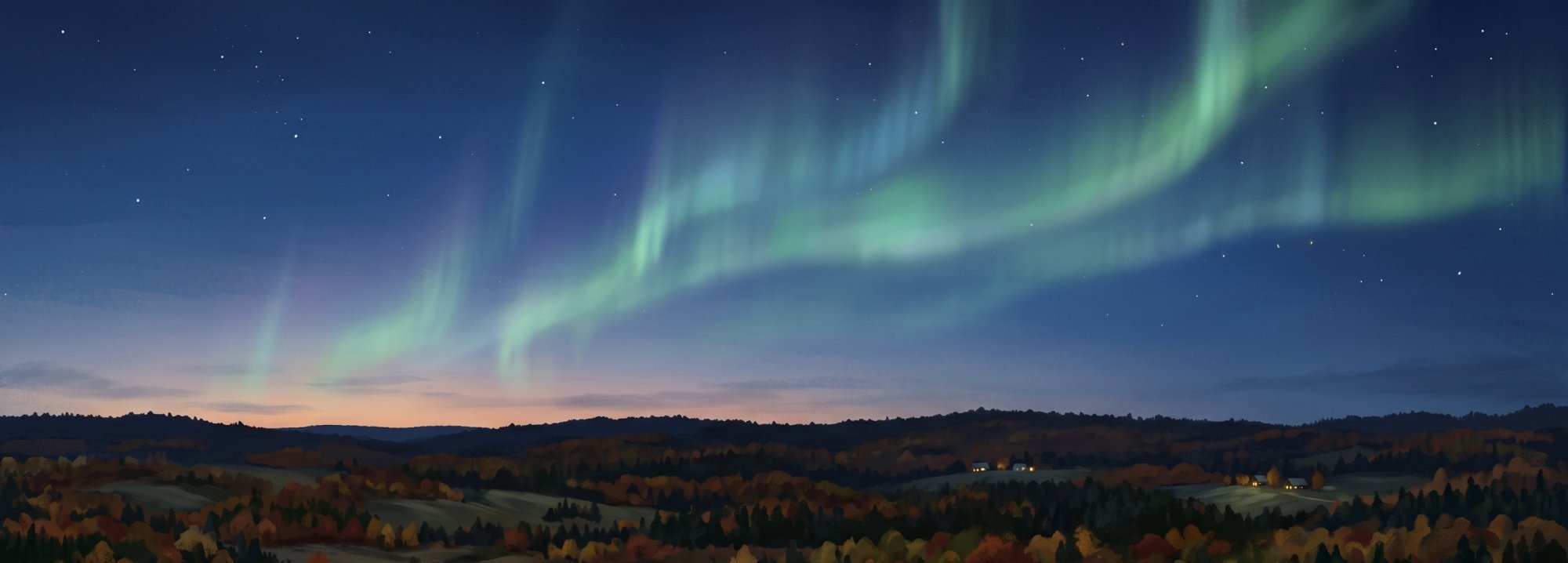 Illustration of I would like images depicting the Northern Lights in Aroostook County Maine in the night sky in different seasons.