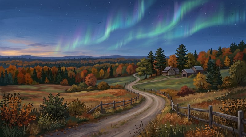 Illustration of I would like images depicting the Northern Lights in Aroostook County Maine in the night sky in different seasons.