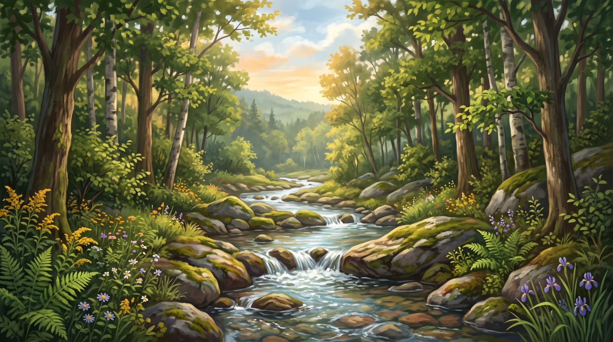 Illustration of a clear brook tumbling over mossy rocks through a quiet hardwood forest in summer