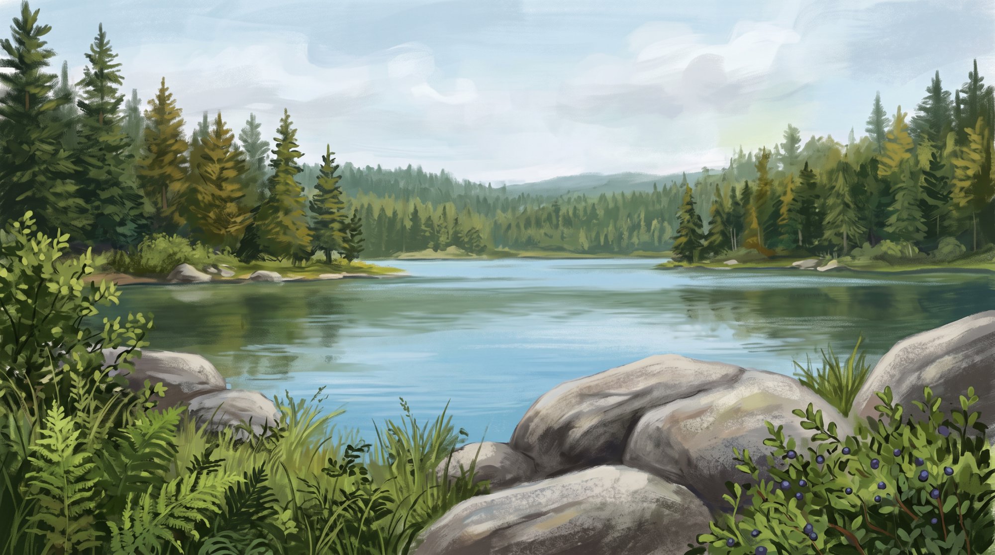 Illustration of a calm lake ringed by spruce and pine trees at the edge of a north woods forest in summer