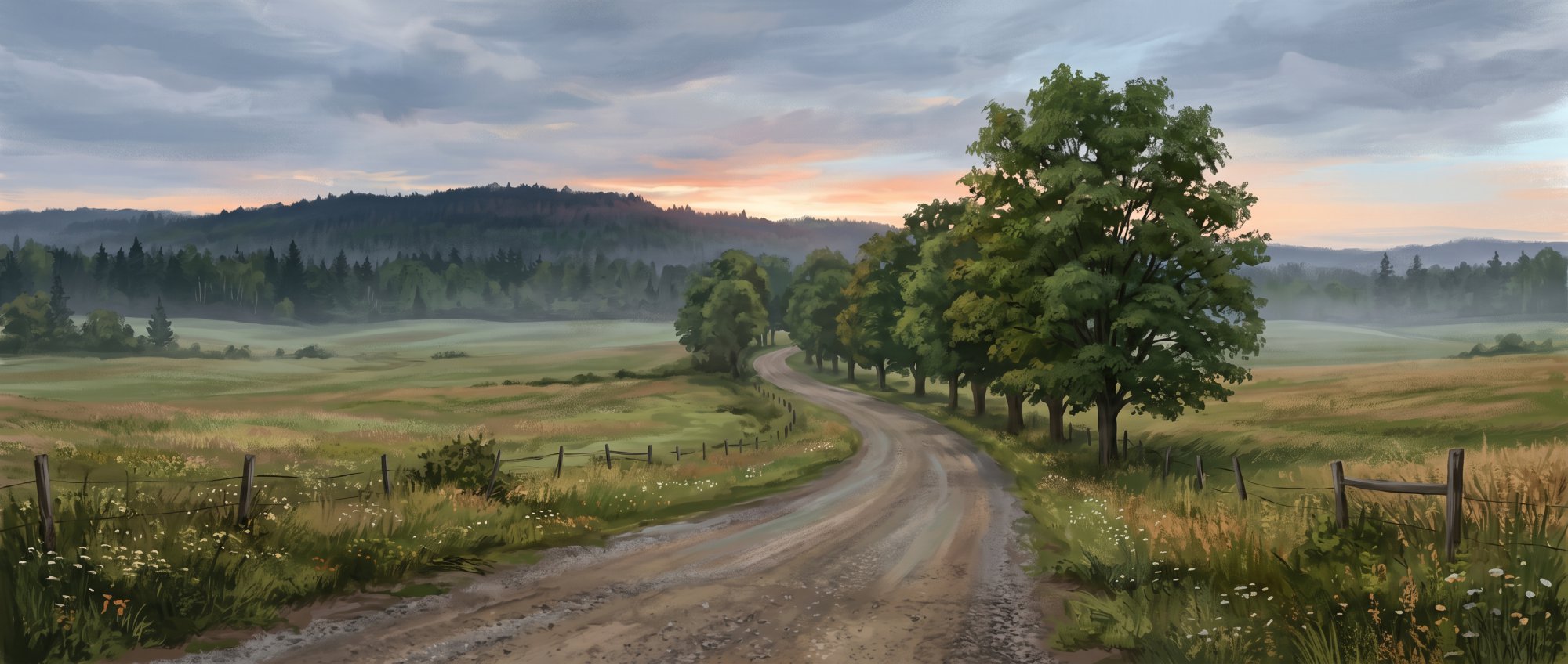 Illustration of a quiet country road lined with maple trees between open farm fields and a wooded ridge in summer