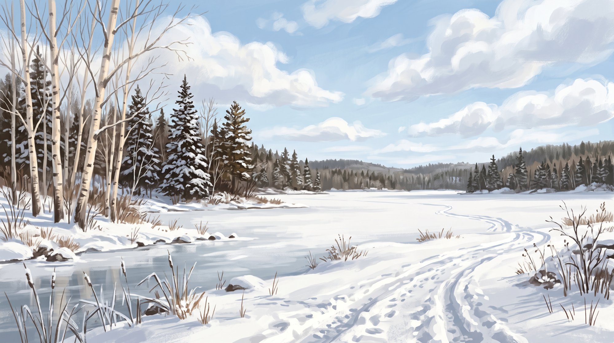 Illustration of a snow-covered lake shore with bare birches and dark spruce under a pale winter sky in winter