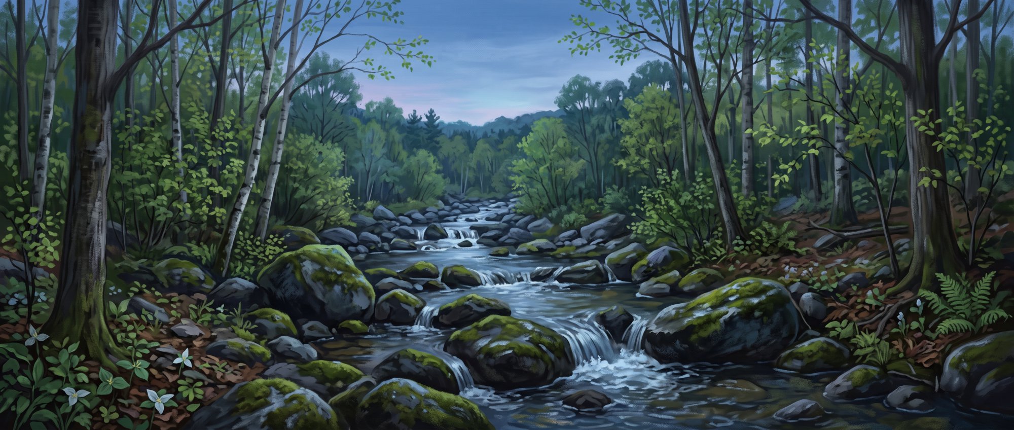 Illustration of a clear brook tumbling over mossy rocks through a quiet hardwood forest in spring