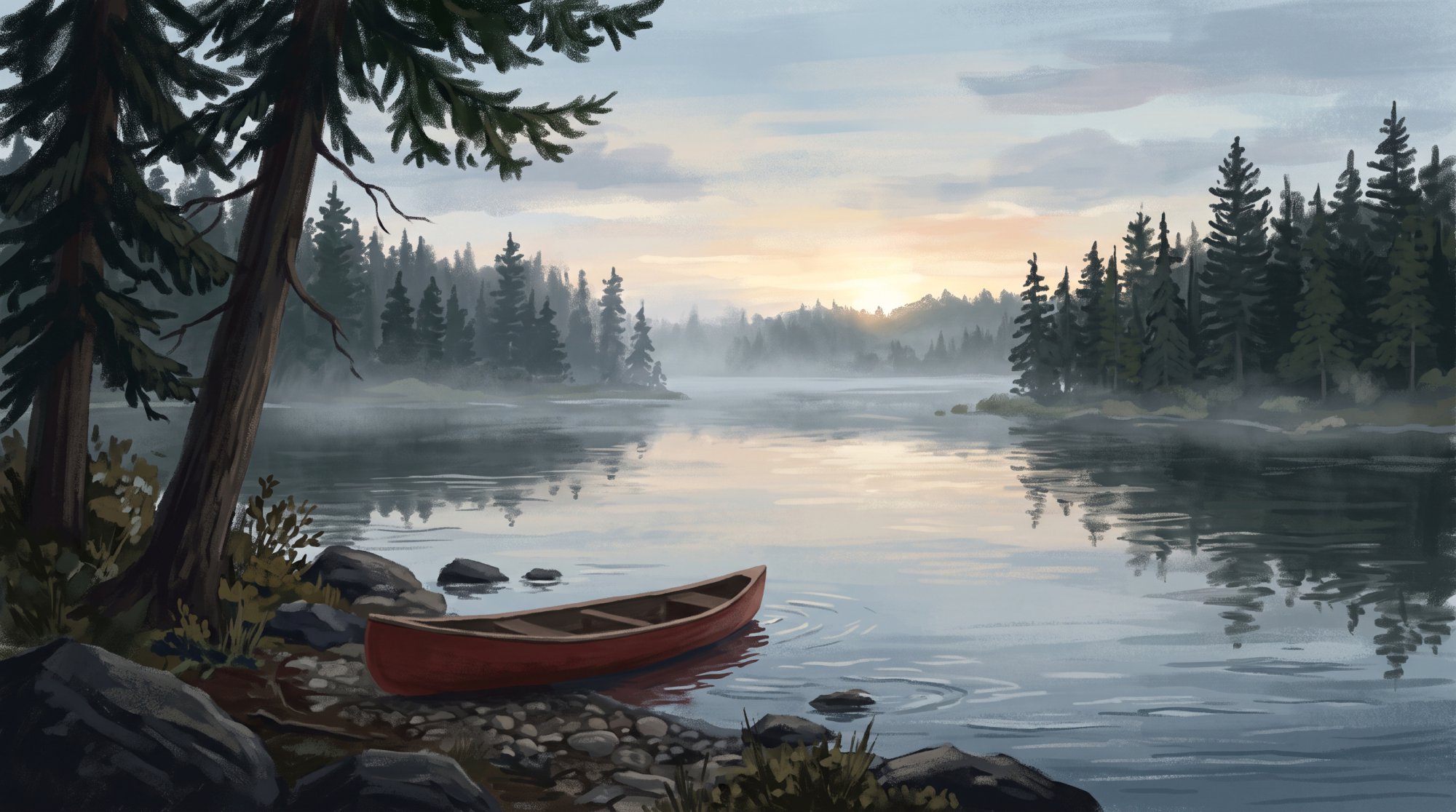 Illustration of a quiet lake at dawn with a canoe resting on a rocky shore and spruce trees behind in summer