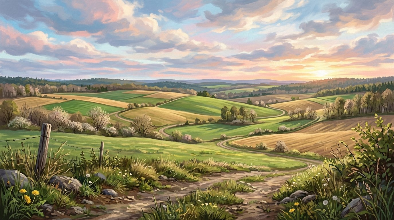 Illustration of open rolling farmland under dramatic clouds with a patchwork of green and gold fields in spring