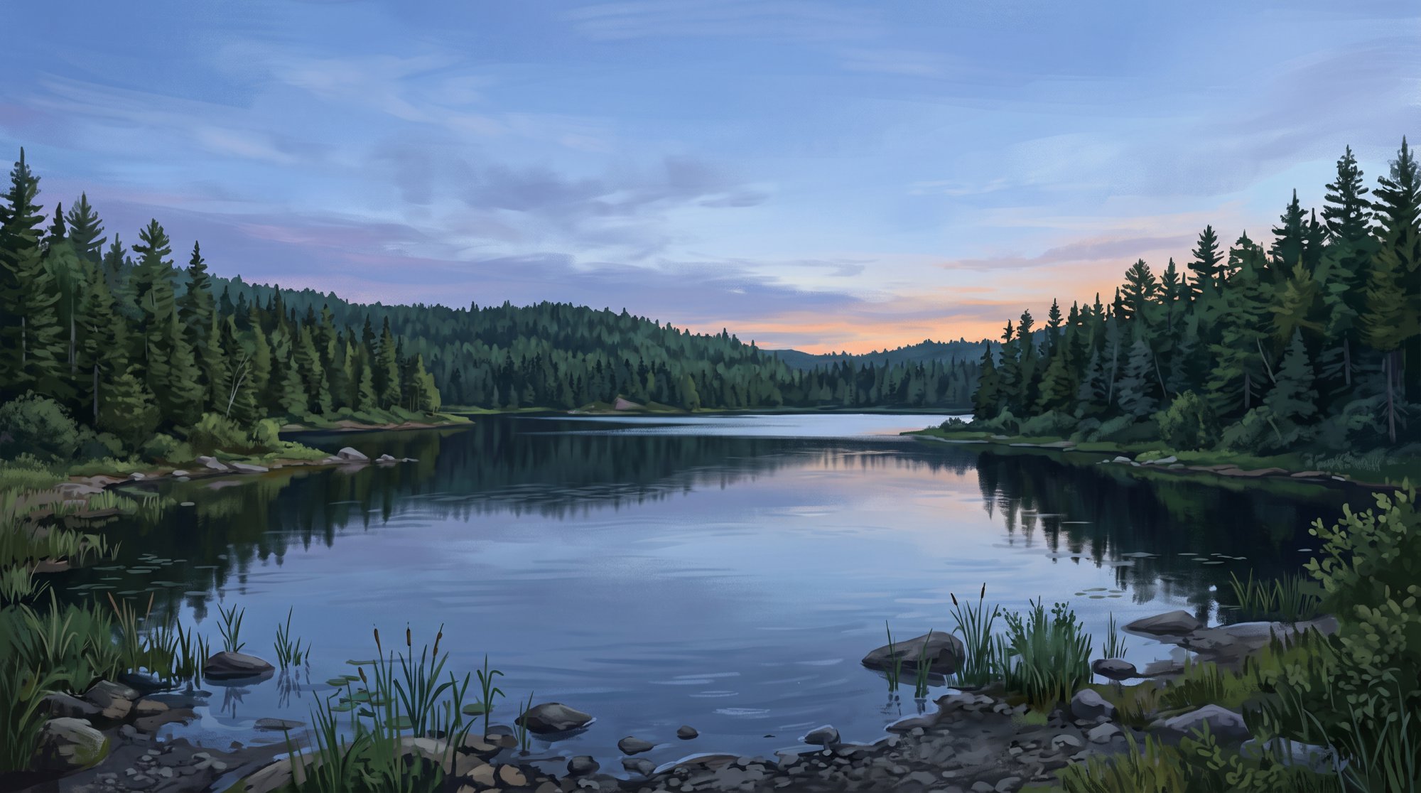 Illustration of a calm lake ringed by spruce and pine trees at the edge of a north woods forest in summer