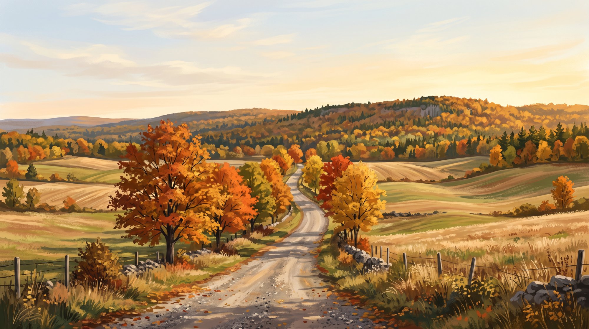 Illustration of a quiet country road lined with maple trees between open farm fields and a wooded ridge in fall
