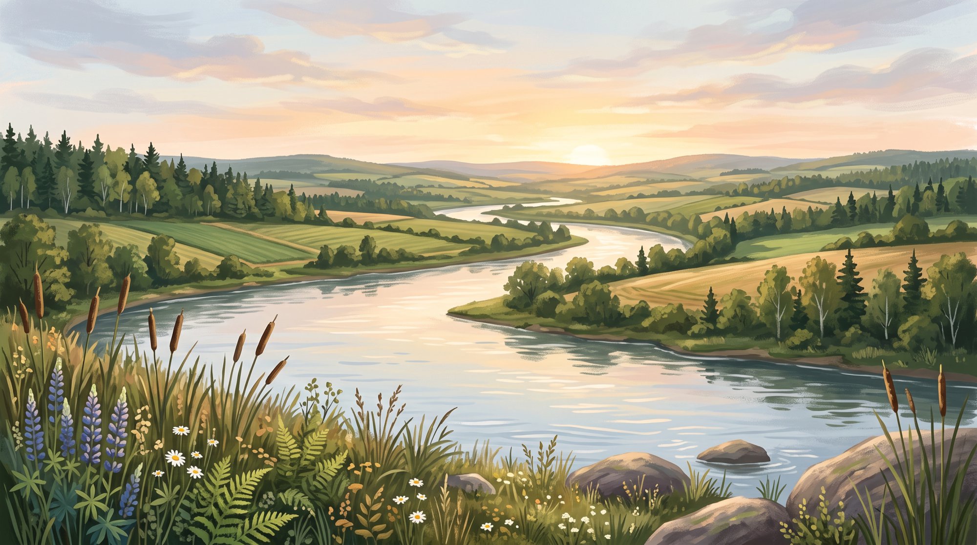 Illustration of a broad, quiet river winding through a valley of farmland and low rolling hills in summer