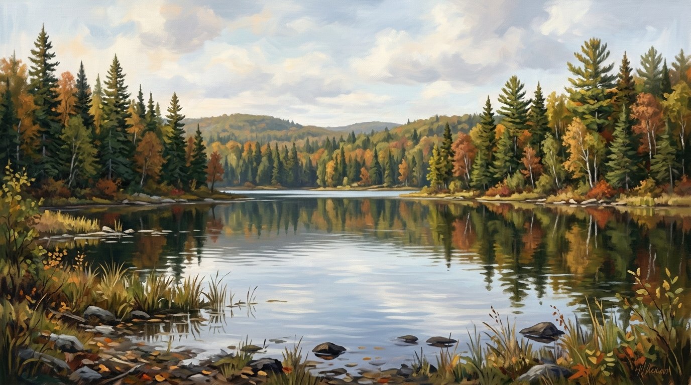 Illustration of a calm lake ringed by spruce and pine trees at the edge of a north woods forest in fall