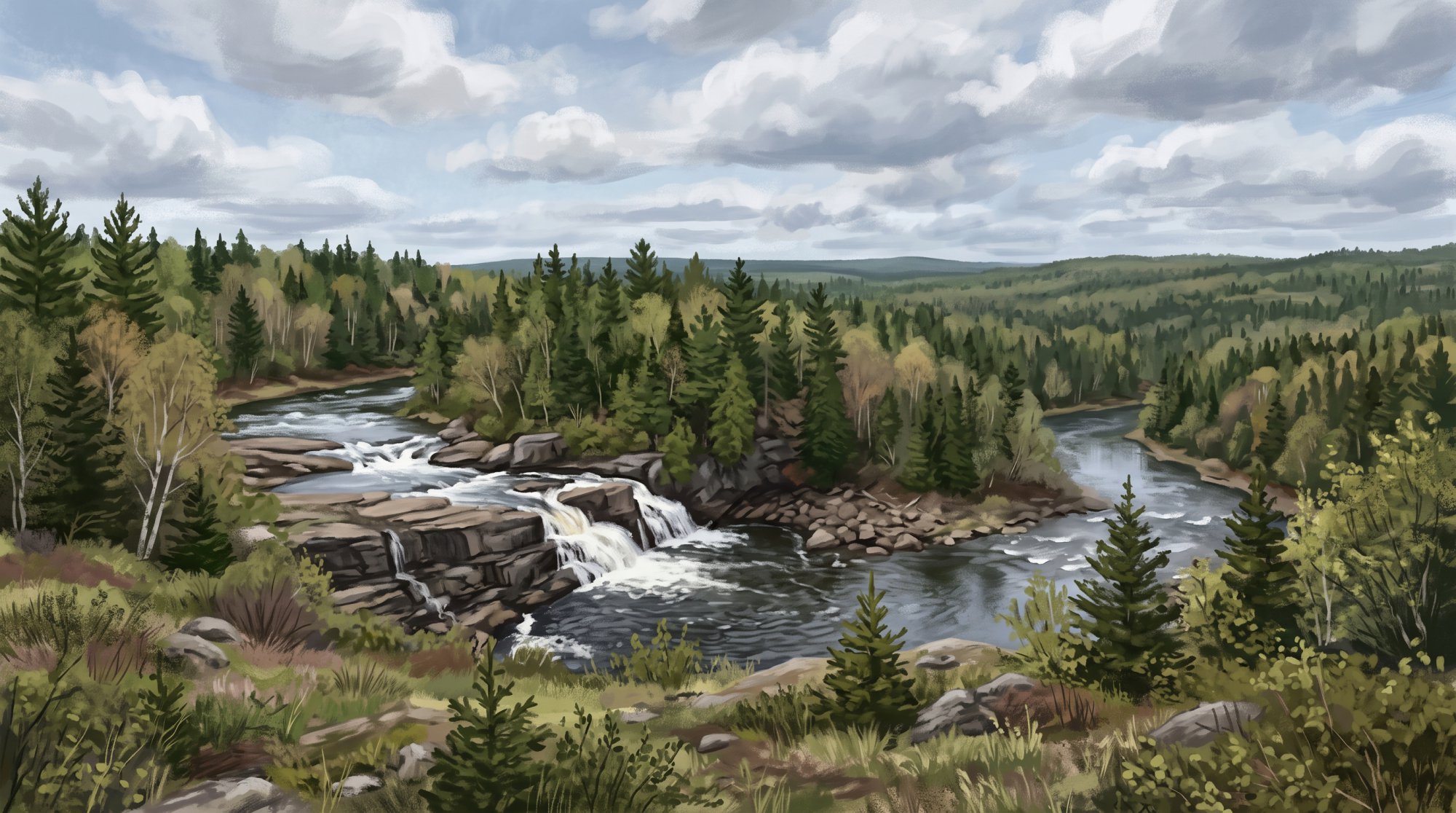 Illustration of a river tumbling over broad stone ledges in a gentle waterfall surrounded by evergreens in spring