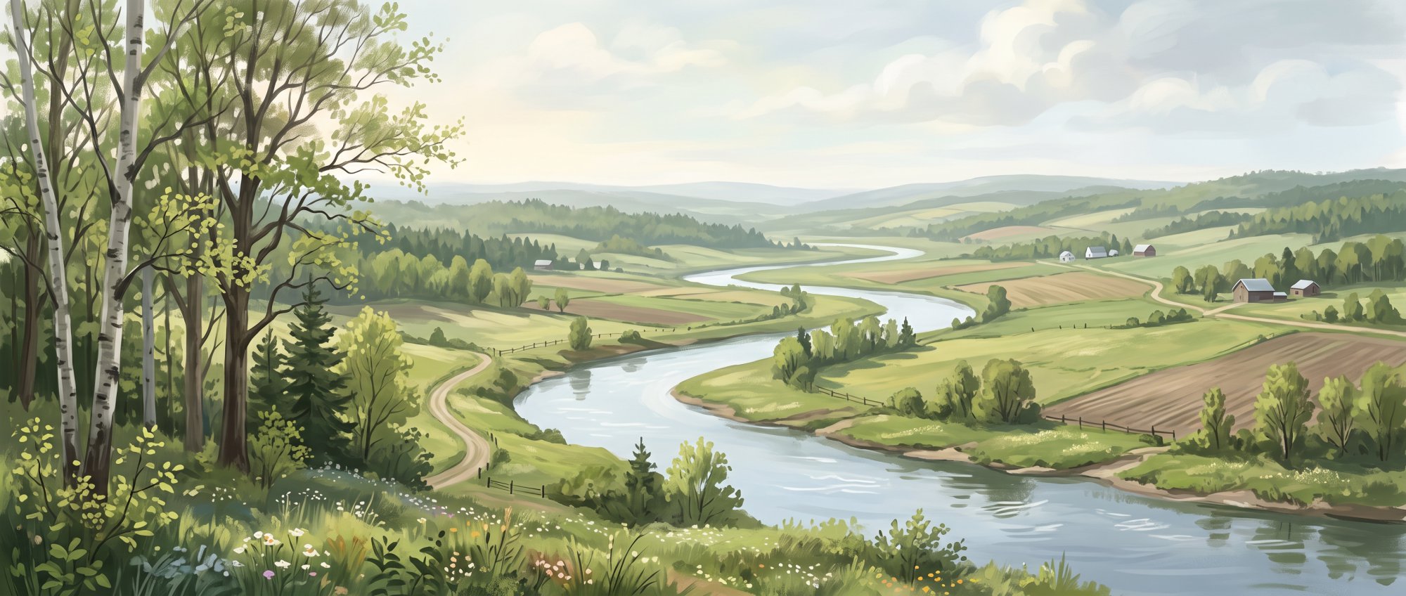 Illustration of a broad, quiet river winding through a valley of farmland and low rolling hills in spring