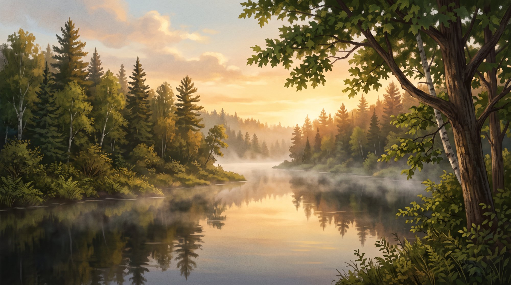 Illustration of a still river with mist rising from the water between forested banks in summer