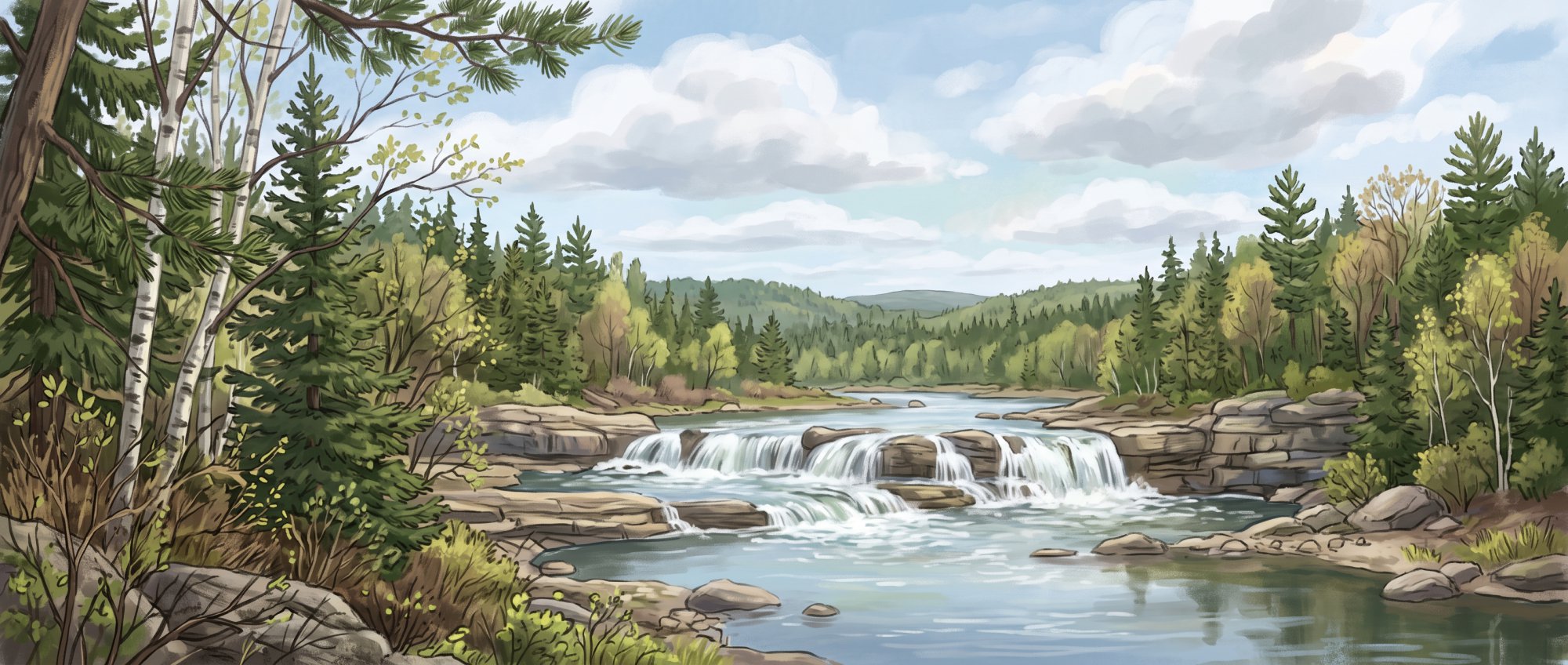 Illustration of a river tumbling over broad stone ledges in a gentle waterfall surrounded by evergreens in spring