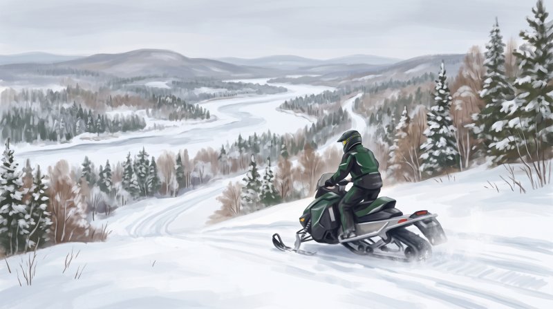 Illustration of I would like images that depict authentic Snowmobiling in Aroostook County Maine. I want each image to depict a different scene based on Snowmobiling in the season I have selected. The images need to depict modern snowmobiling in Aroost...