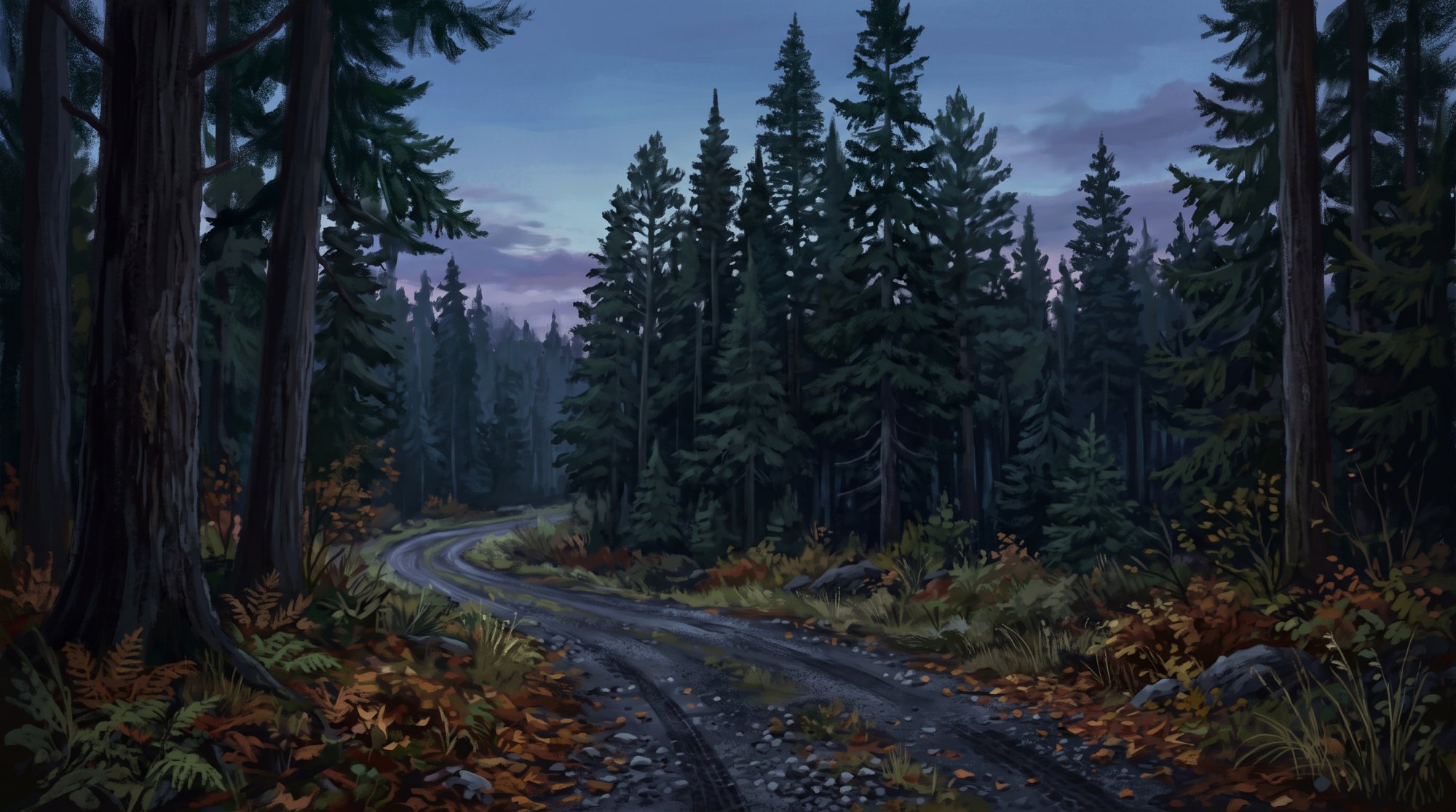 Illustration of a gravel woods road disappearing into a tall evergreen forest in fall