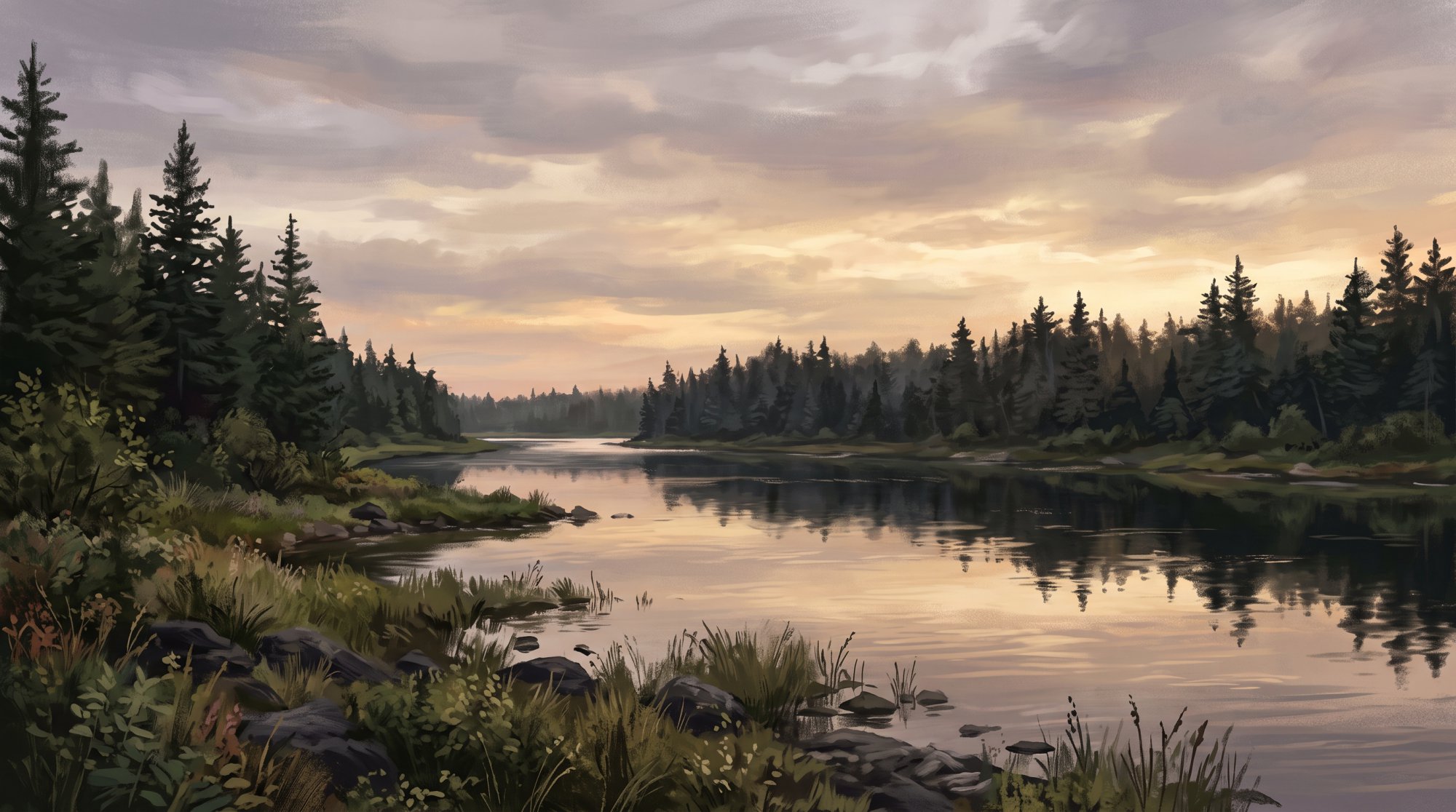 Illustration of a calm river reflecting a glowing evening sky, with dark spruce along the far bank in summer