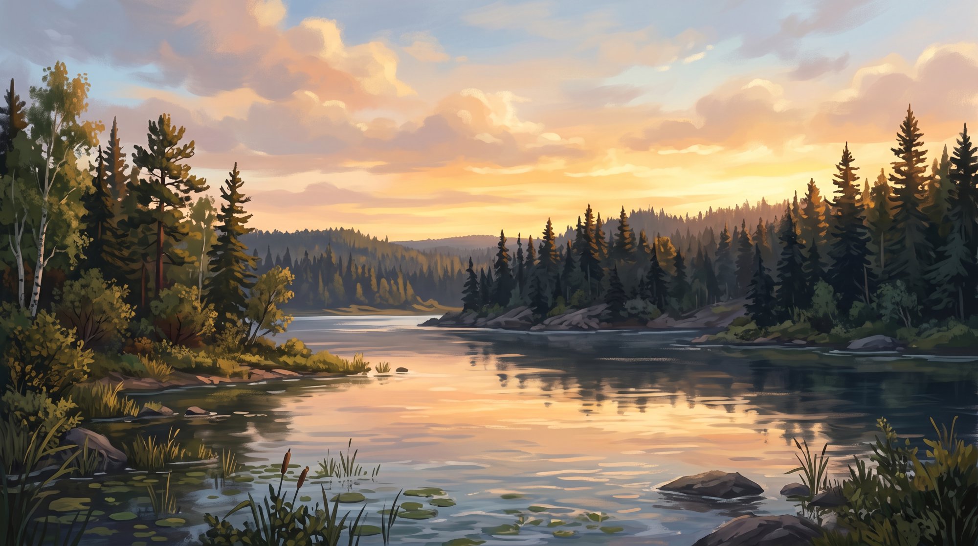 Illustration of a calm river reflecting a glowing evening sky, with dark spruce along the far bank in summer