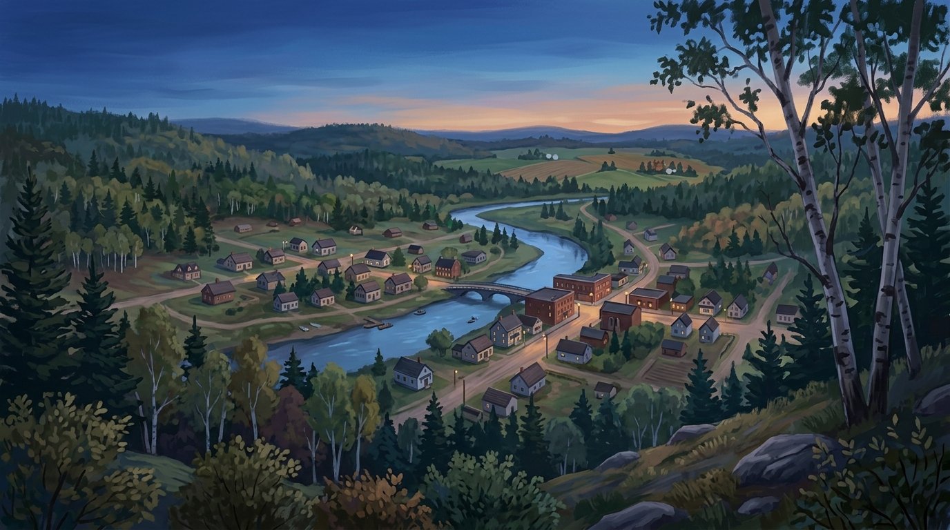 Illustration of This photo has a truck facing one way and a line of cars facing against the truck in the same lane. Very improper image. I would like an image of an overview of a city in the St John Valley of Aroostook County Maine from a birds ey view.
