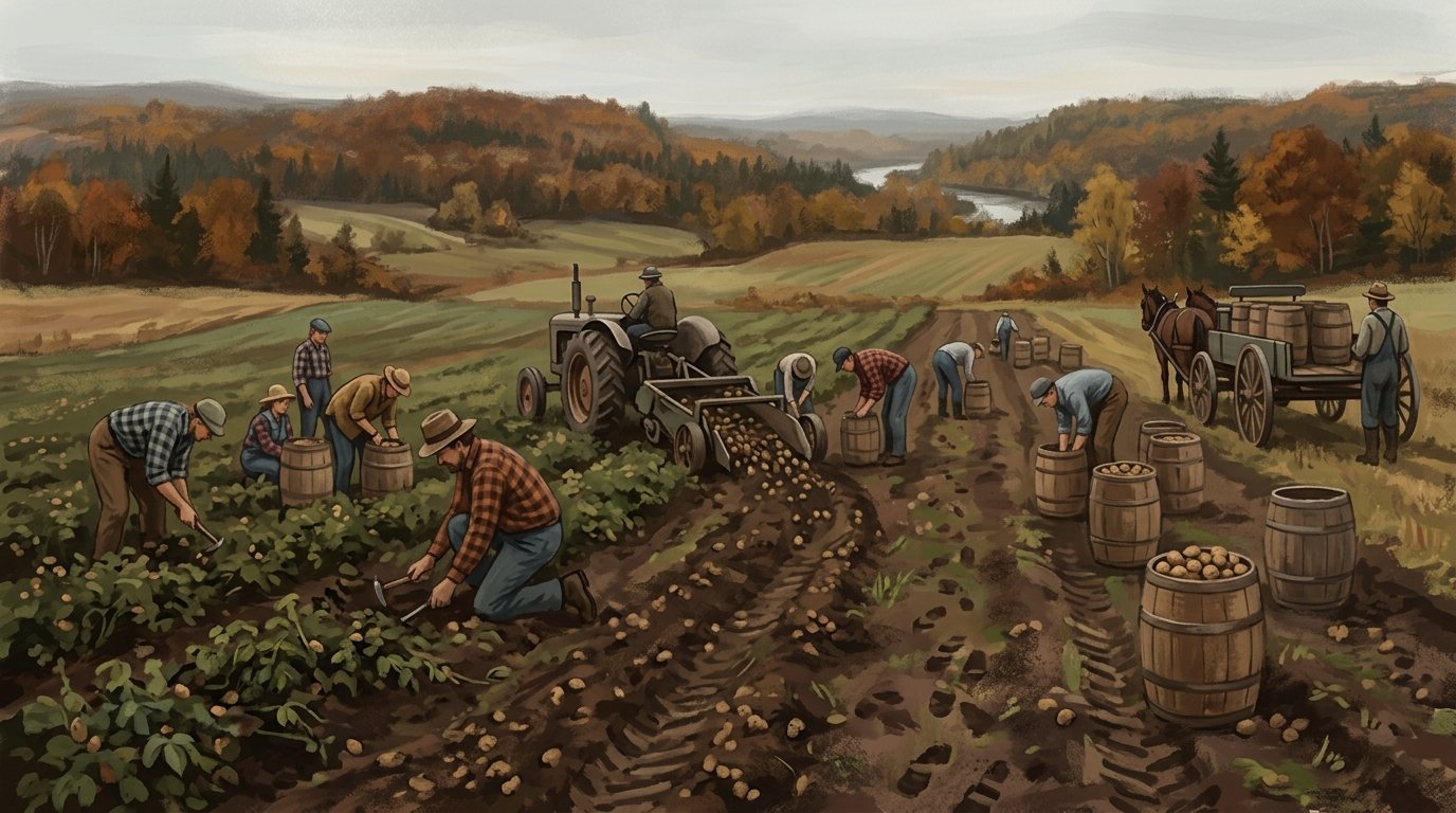 Illustration of I wuld like this image to depict a potatoe harvest in Aroostook County maine with people in the fields picking potatoes and the machinery needed to dig potatoes and pick them by hand. It should also have potato barrels.
