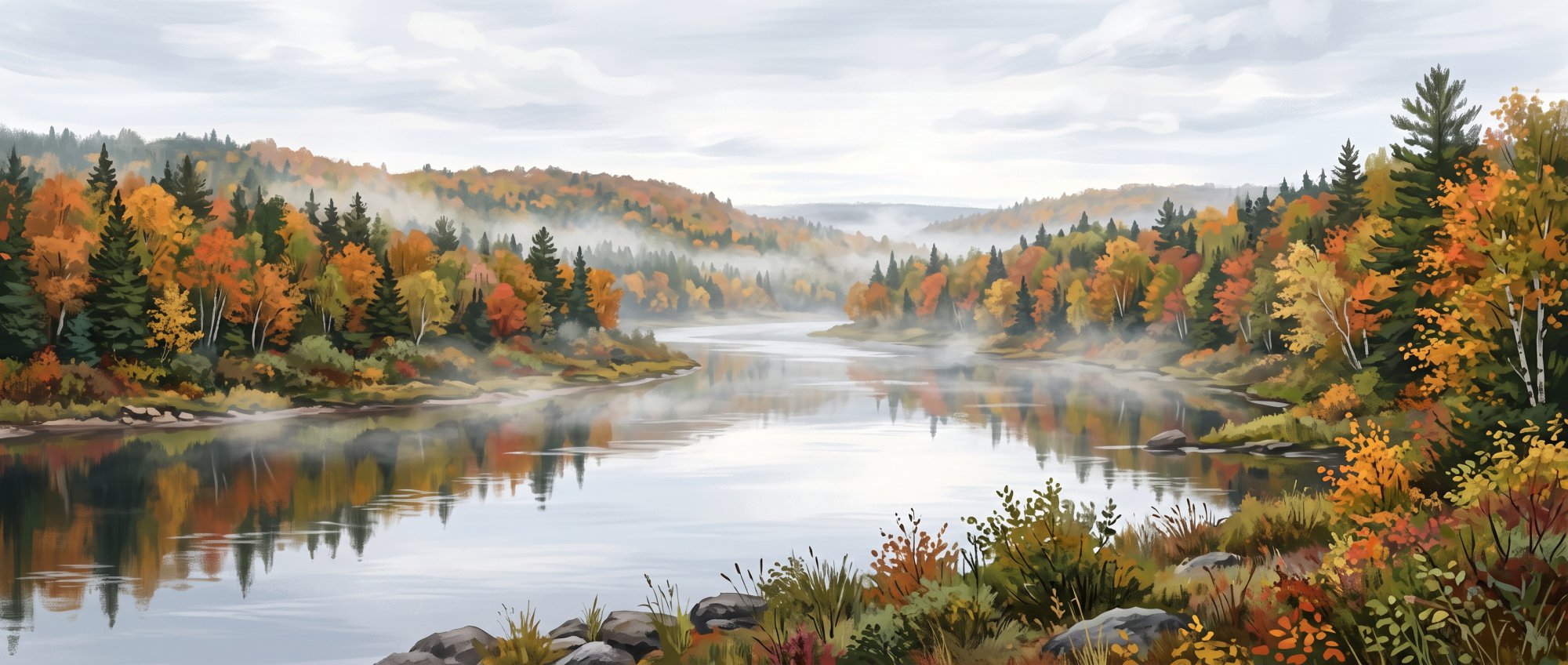 Illustration of a still river with mist rising from the water between forested banks in fall