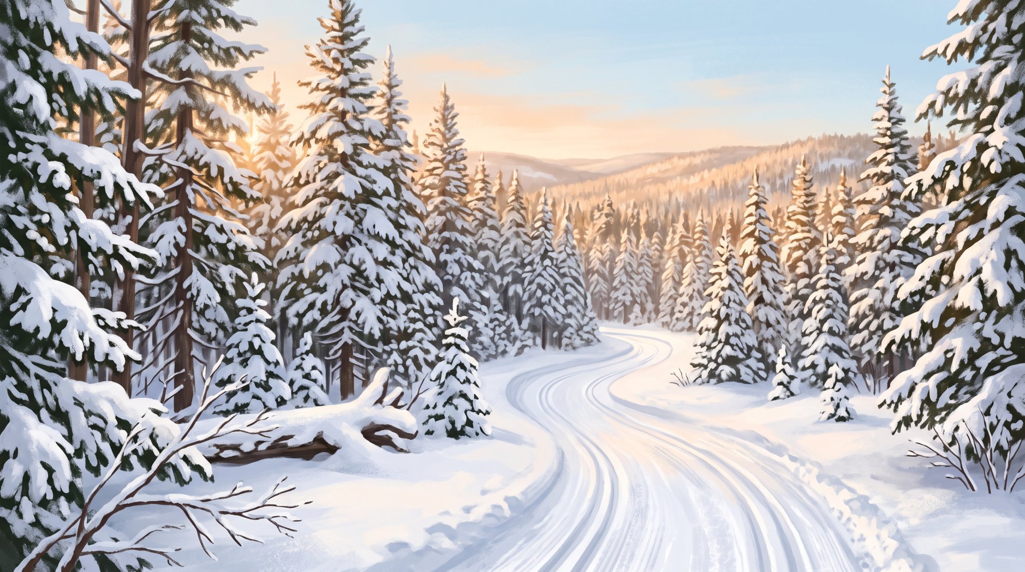 Illustration of a snow-covered spruce forest with a groomed trail winding between the trees in winter