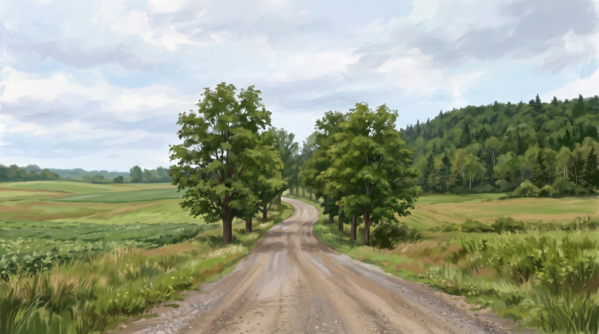 Illustration of a quiet country road lined with maple trees between open farm fields and a wooded ridge in summer