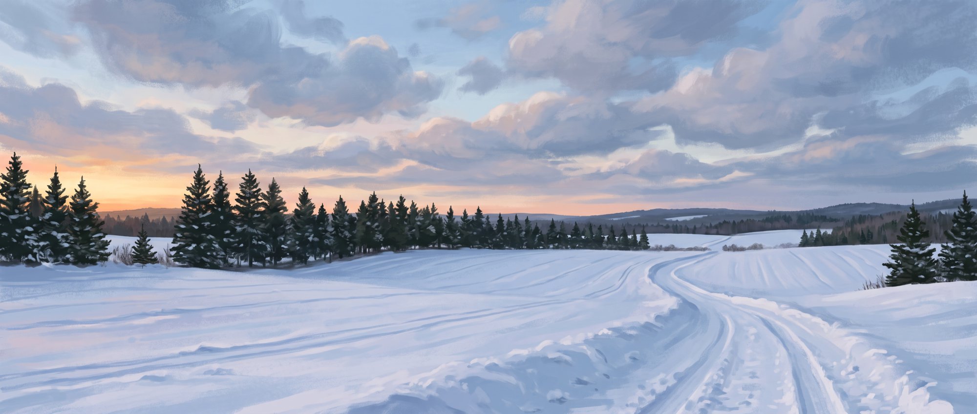 Illustration of a snow-covered farm field at dusk with a long line of evergreens and a faint glow on the horizon in winter