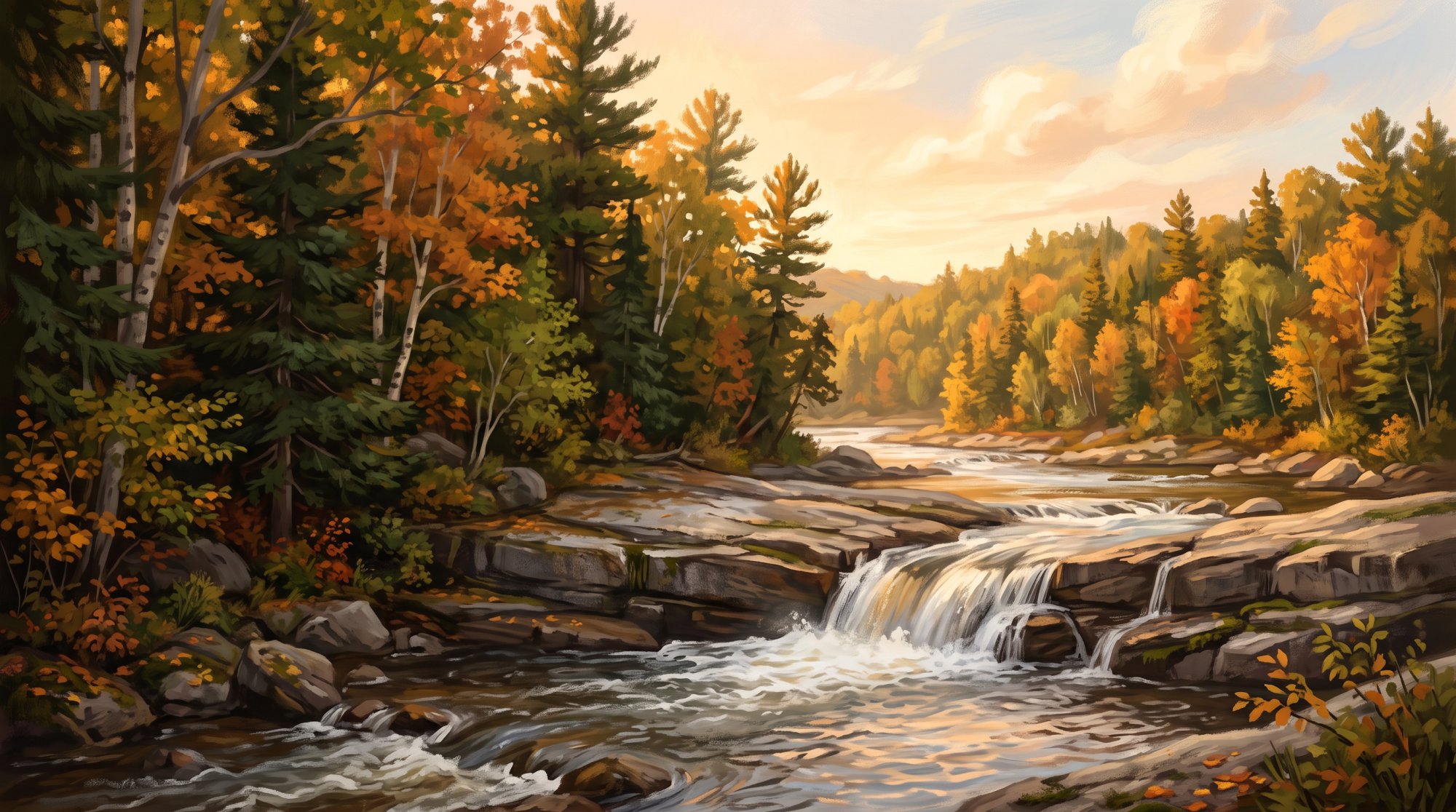Illustration of a river tumbling over broad stone ledges in a gentle waterfall surrounded by evergreens in fall