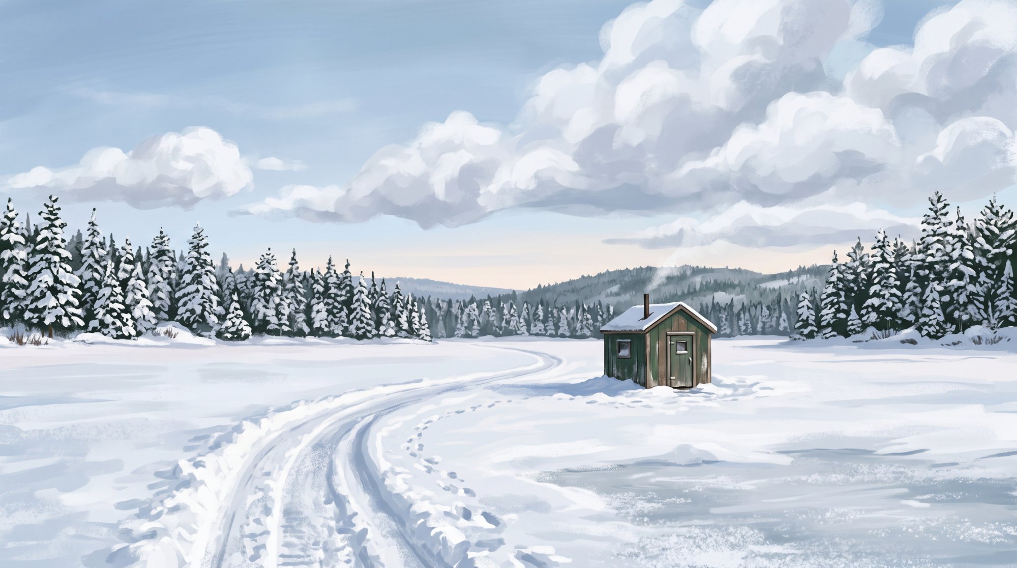 Illustration of a frozen lake under a pale winter sky with a small ice-fishing shanty and a line of snowy spruce in winter