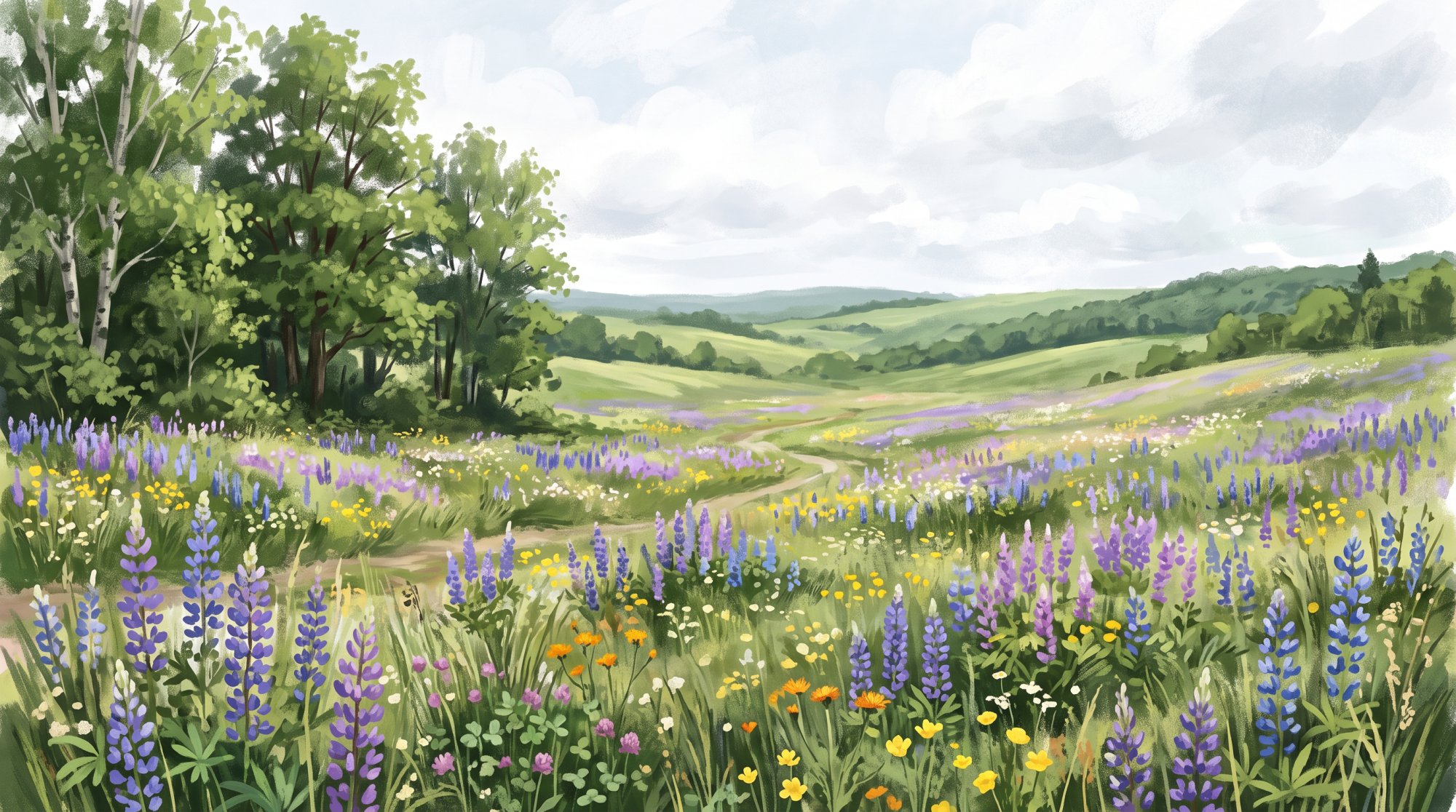 Illustration of a meadow of purple lupines and wildflowers with a farmhouse-free horizon of green hills in summer