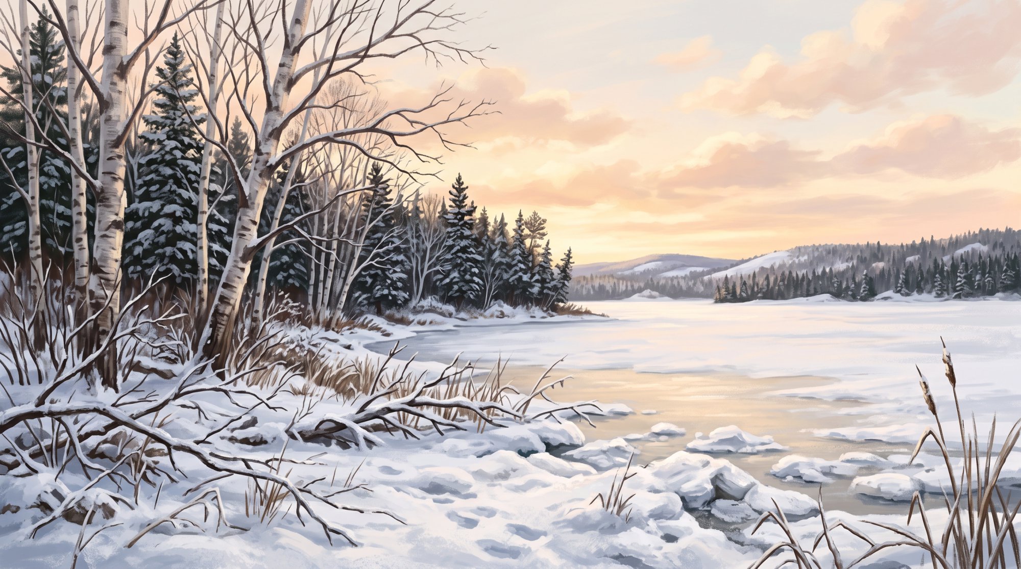 Illustration of a snow-covered lake shore with bare birches and dark spruce under a pale winter sky in winter