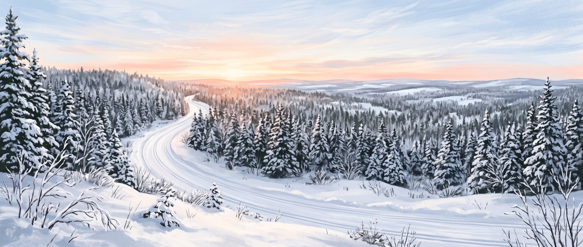 Illustration of a snow-covered spruce forest with a groomed trail winding between the trees in winter