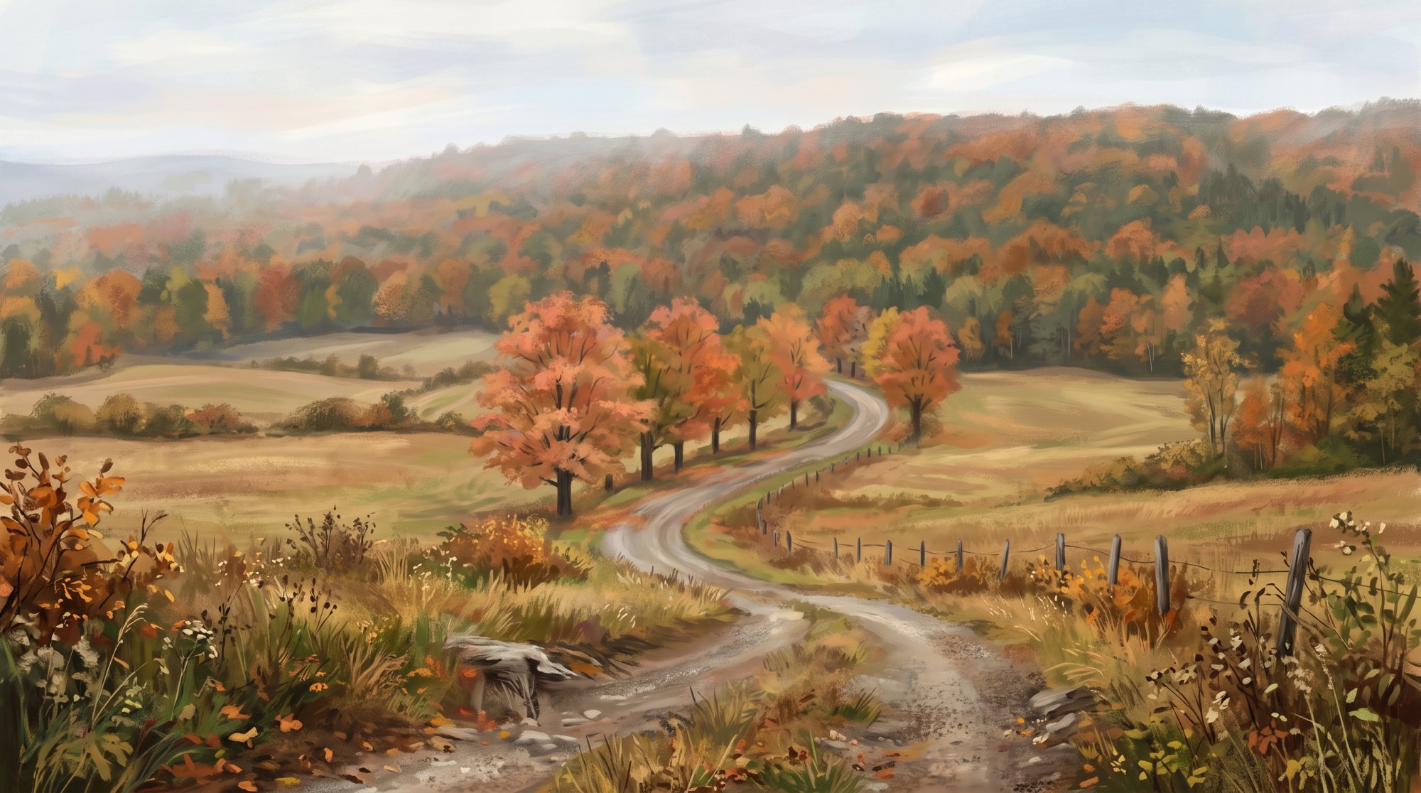 Illustration of a quiet country road lined with maple trees between open farm fields and a wooded ridge in fall