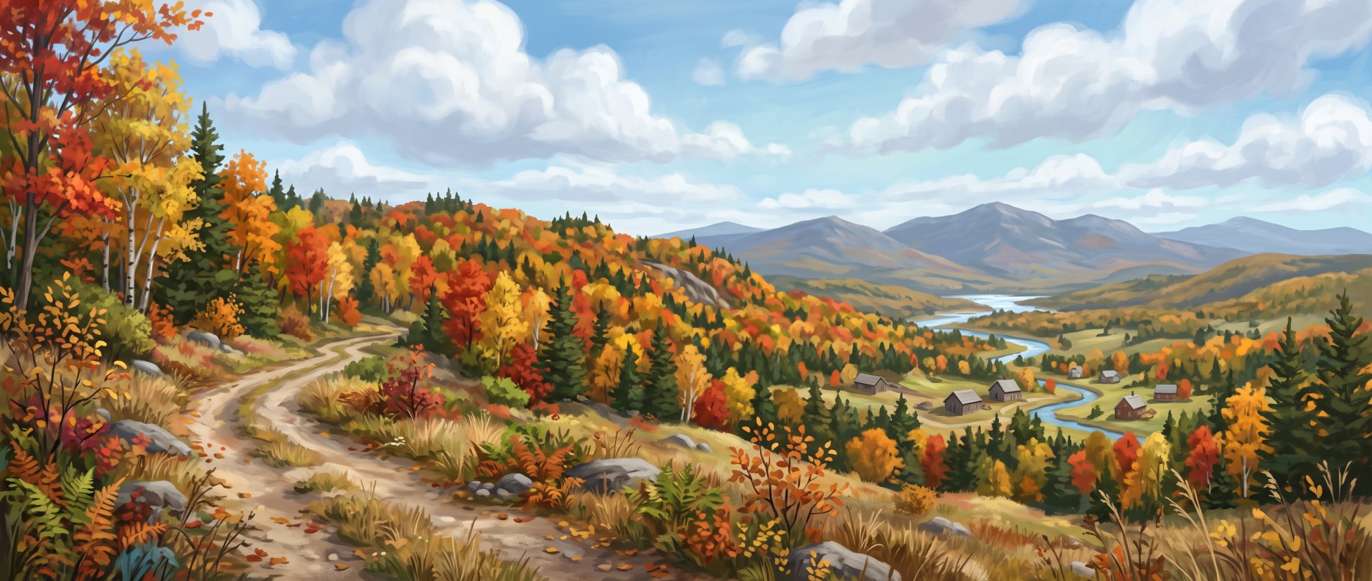 Illustration of a wooded hillside glowing with red and gold autumn maples above a small valley in fall